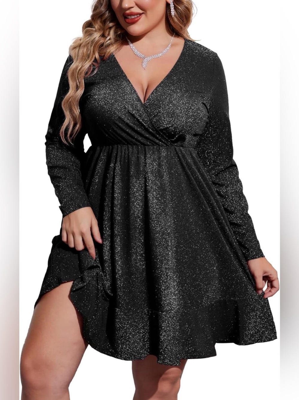 0051: IN'VOLAND Plus Size Womens Glitter Dress V Neck Long Sleeve Ruffle Hem